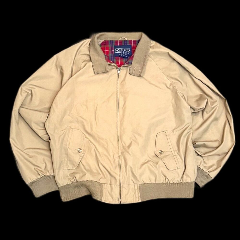 Lands' End Harrington Plaid Lined Barn Jacket Tan Vintage Bomber Large